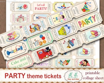 PARTY tickets, printable collage sheet of ticket strips, vintage retro journal embellishments, KayandMay digital instant download KM-98