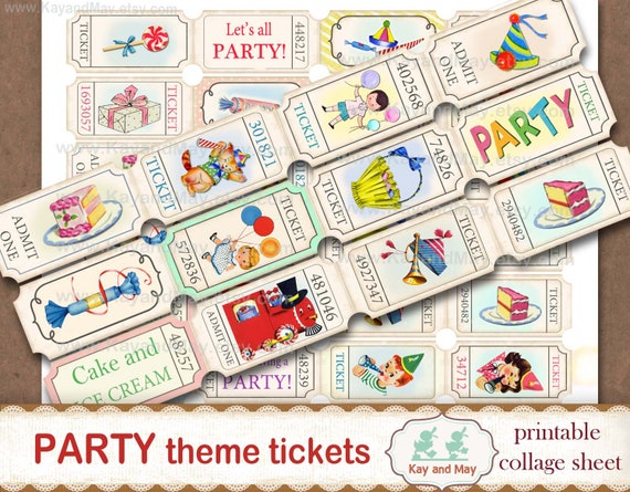 PARTY tickets, printable collage sheet of ticket strips, vintage retro journal embellishments, KayandMay digital instant download KM-98 Il_570xn