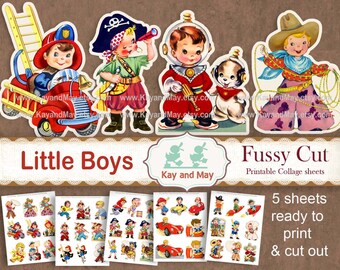 LITTLE BOYS printable fussy cut images, cowboys, firefighters, astronauts, pirates, junk journal, KayandMay, instant digital download KM-97