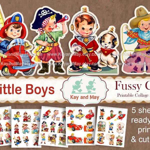 LITTLE BOYS printable fussy cut images, cowboys, firefighters, astronauts, pirates, junk journal, KayandMay, instant digital download KM-97