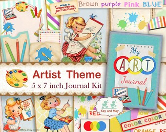 printable journal kit - ART journal, creative journal, retro artist journal pages, creative diary book, digital instant download KM-21