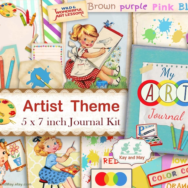 printable journal kit - ART journal, creative journal, retro artist journal pages, creative diary book, digital instant download KM-21