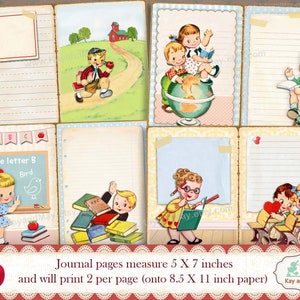 May include: A set of printable journal pages featuring vintage illustrations of children in a school setting. The pages are designed to print two per page on 8.5 x 11 inch paper. The pages measure 5 x 7 inches.