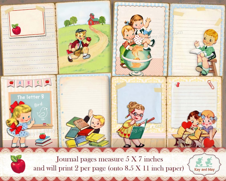 May include: A set of printable journal pages featuring vintage illustrations of children in a school setting. The pages are designed to print two per page on 8.5 x 11 inch paper. The pages measure 5 x 7 inches.