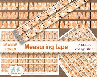 ORANGE TONES measuring tape, printable collage sheet, vintage sewing theme junk journal embellishments, digital instant download KM-69