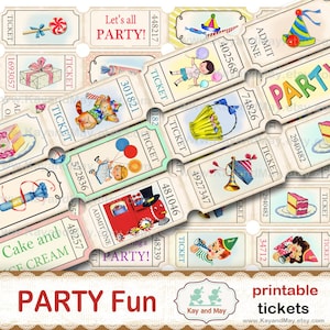 PARTY-Eintrittskarten, druckbares Collageblatt aus Ticketstreifen, Retro-Jungen-Geburtstag, Mädchen-Geburtstagsfeier zum Ausdrucken, KayandMay digitaler Download KM-98