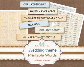 May include: A collection of printable wedding theme words on collage sheets. The image features phrases like "Our Wedding Day," "Happily Ever After," and "True Love" on rectangular labels. The words are in a variety of fonts and sizes.