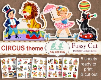 CIRCUS printable fussy cut images, clowns, elephants, lions, carousel horse, circus junk journal, KayandMay, instant digital download KM-104