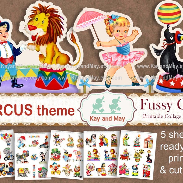 CIRCUS printable fussy cut images, clowns, elephants, lions, carousel horse, circus junk journal, KayandMay, instant digital download KM-104