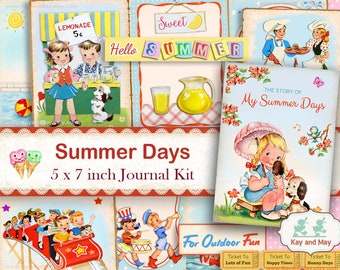 SUMMER junk journal kit, summer theme journal pages, summer diary book, PDF digital printable ephemera, instant download KM-45
