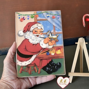 Santa's Workshop Plaque retro Christmas decor Kitschy Vintage Style handmade holiday shelf sitter (PL-20)