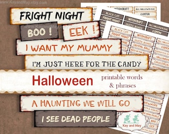 HALLOWEEN printable words & phrases, Halloween junk journal words, card making, paper craft embellishments, digital instant download KM-60