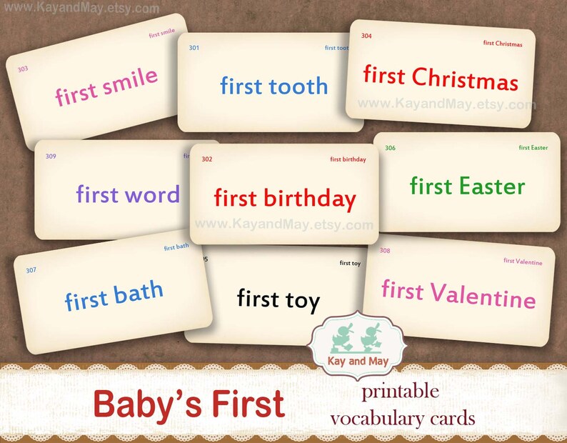 May include: Printable vocabulary cards for babies' first milestones. The cards feature a variety of colors and phrases such as "first smile", "first tooth", "first word", "first bath", "first birthday", "first Christmas", "first Easter", "first toy", and "first Valentine".