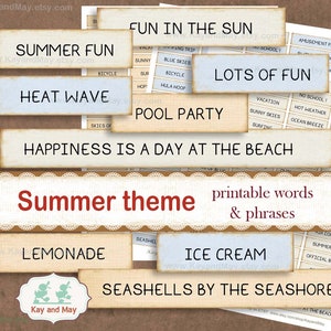 Palabras para el diario VERANO, palabras y frases para imprimir, verano, playa, piscina, adornos divertidos para el diario basura en el patio, descarga instantánea KM-52