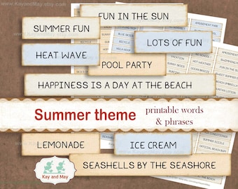 SUMMER journal words, printable words and phrases, summer, beach, pool, backyard fun junk journal embellishments, instant download KM-52
