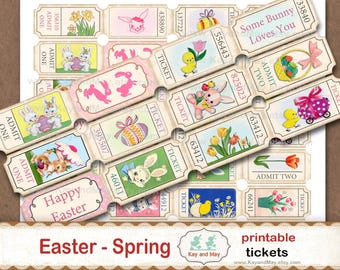 EASTER SPRING tickets, printable collage sheet of ticket strips, vintage retro journal embellishments, digital instant download KM-89