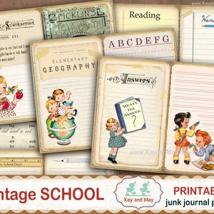 VINTAGE SCHOOL junk journal pages, vintage school book pages, antique school book printable pages, KayandMay digital download KM-131 image 1