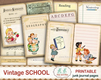 VINTAGE SCHOOL junk journal pages, vintage school book pages, antique school book printable pages, KayandMay digital download KM-131