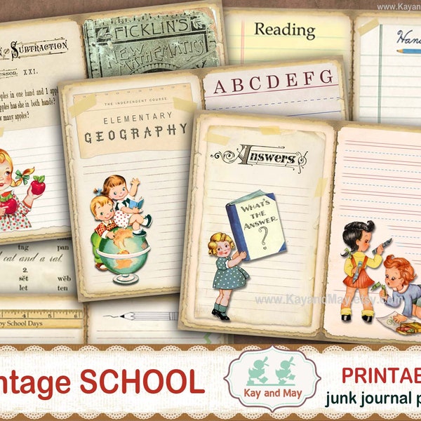 VINTAGE SCHOOL junk journal pages, vintage school book pages, antique school book printable pages, KayandMay digital download KM-131