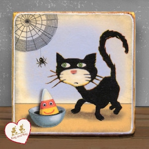 Black Cat with Candy Corn vintage style handmade Halloween sign shelf sitter, tiered tray home decor black cat with spider decoration WB-35