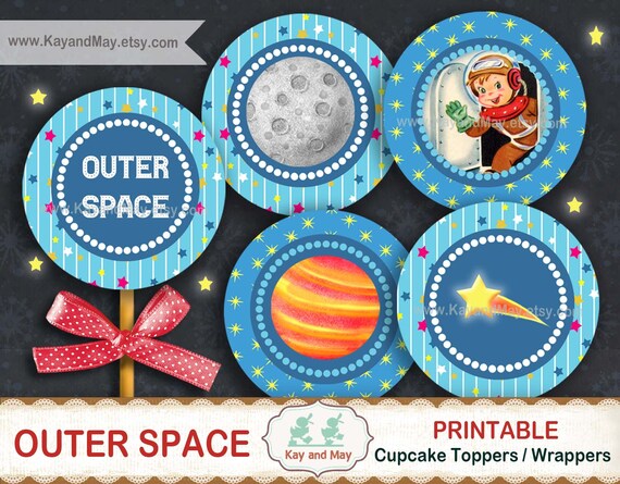SPACE party cupcake toppers, cupcake wrappers, tags, circles, kids astronaut party favors, KayandMay digital download KM-107 Il_570xn