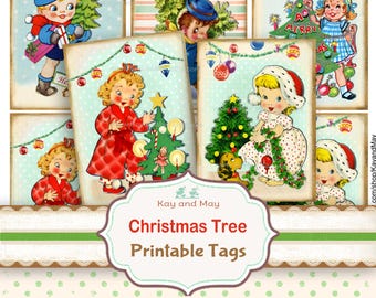 CHRISTMAS retro Children printable gift tags boys and girls decorating Christmas trees (digital download KM-17)