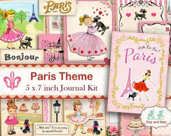 printable PARIS junk journal kit, journal pages, travel journal diary book, French theme digital printable ephemera, instant download KM-47