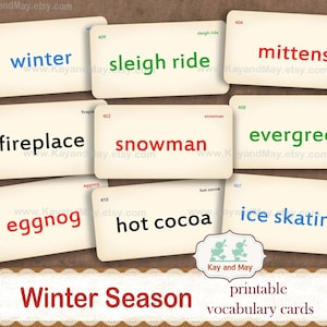 WINTER vocabulary flashcards, printable words, winter wonderland junk journal, DIY Christmas paper craft, KayandMay instant download KM-119