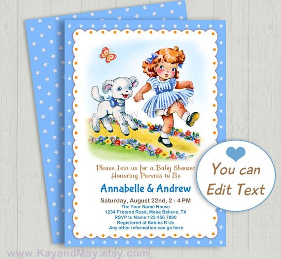 Mary Had A Little Lamb Baby Shower Invitation Nursery Rhyme Boy