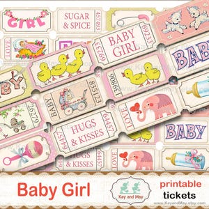 BABY MÄDCHEN Tickets, vintage retro Baby Mädchen Papierstreifen Verzierungen zum selbst ausdrucken, downloadbar zum Ausdrucken, sofort download KM-71