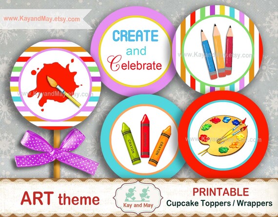 ART paint party, painting party, printable cupcake toppers & cupcake wrappers, creative artist theme, KayandMay digital download KM-109 Il_570xn