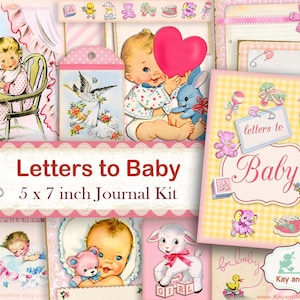 BABY junk journal kit, retro baby girl journal pages, vintage printable ephemera, letters to baby journal, instant download KM-40 image 1