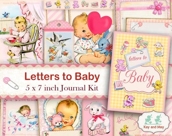 BABY junk journal kit, retro baby girl journal pages, vintage printable ephemera, letters to baby journal, instant download KM-40