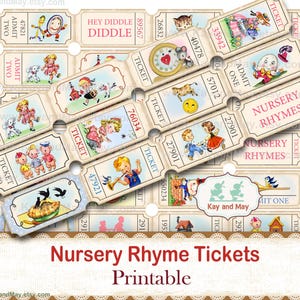K&ouml;nnte beinhalten: Vintage-Stil druckbare Kinderreim-Tickets mit farbenfrohen Illustrationen klassischer Kinderreime. Jedes Ticket hat eine eindeutige Nummer und das Wort "Ticket". Der Text "Nursery Rhyme Tickets Printable" ist ebenfalls sichtbar.