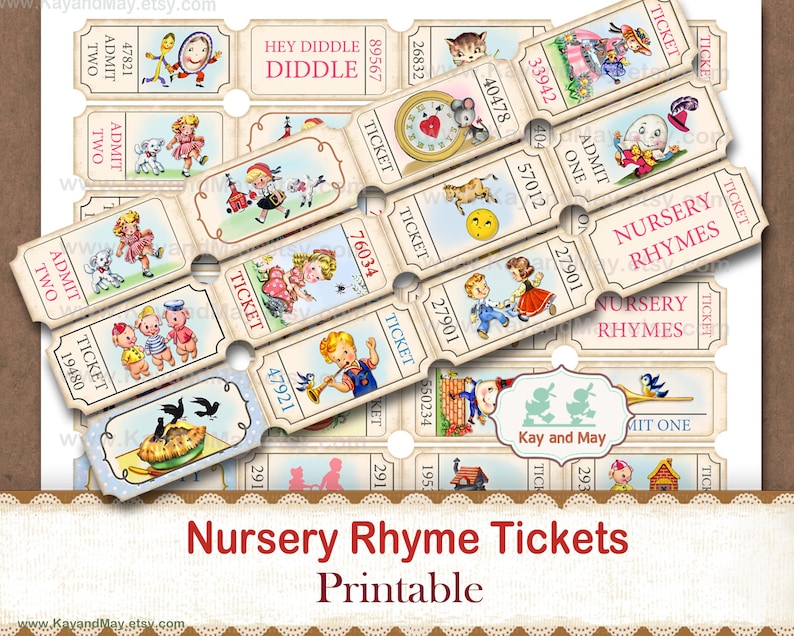 K&ouml;nnte beinhalten: Vintage-Stil druckbare Kinderreim-Tickets mit farbenfrohen Illustrationen klassischer Kinderreime. Jedes Ticket hat eine eindeutige Nummer und das Wort "Ticket". Der Text "Nursery Rhyme Tickets Printable" ist ebenfalls sichtbar.