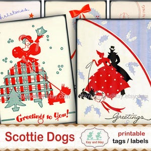 CHRISTMAS SCOTTY dogs / printable Art Deco gift tags of Scottish Terrier dogs, Scottie dogs, digital collage sheet, instant download  KM-15