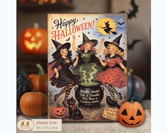 Witches Dancing around a Cauldron vintage style Halloween wood sign decor shelf sitter PL-132
