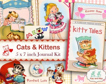 CAT junk journal kit, cats and kittens journal pages, cute cat lover journal, cat ephemera, tags, cards, KayandMay digital download KM-133