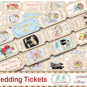 Biglietti per MATRIMONIO, foglio collage stampabile di strisce di biglietti, abbellimenti vintage retrò per diario di nozze, download istantaneo digitale KM-86