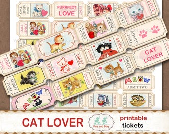 CAT LOVER printable collage sheet of ticket strips, kitten kitty theme vintage retro journal embellishments, digital instant download KM-93