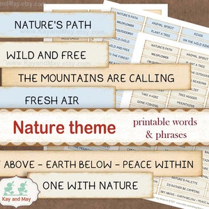 Palabras y frases imprimibles con el tema NATURALEZA, palabras para diarios basura para amantes de la naturaleza, adornos de papel para manualidades, descarga digital instantánea KM-59