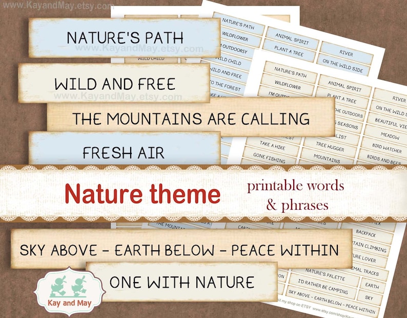 NATURE theme printable words & phrases, nature lover junk journal words, paper craft embellishments, digital instant download KM-59 image 1
