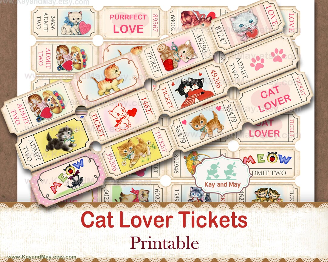 Cat Ticket Example Cats & Kittens Ticket Strips: Printable Journal Embellishments (digital ...