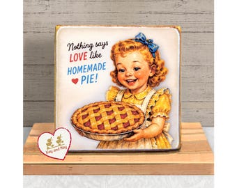 Little Girl with a Pie tiered tray shelf sitter retro style wood block decor WB-282