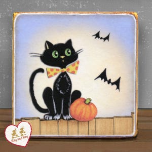Black Cat with pumpkin & bats wood block sign, Autumn Fall handmade vintage style Halloween shelf sitter decor, black cat tiered tray WB-51