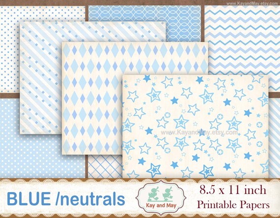 BLUE printable digital papers, junk journal pages, background paper designs, baby blue journal paper, KayandMay instant download KM-115 Il_570xn