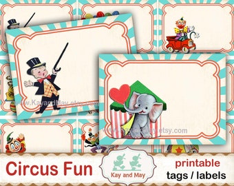 CIRCUS tags, labels, circus birthday party gift cards, printable retro circus cards, clowns, horses, ringmaster, digital download KM-170