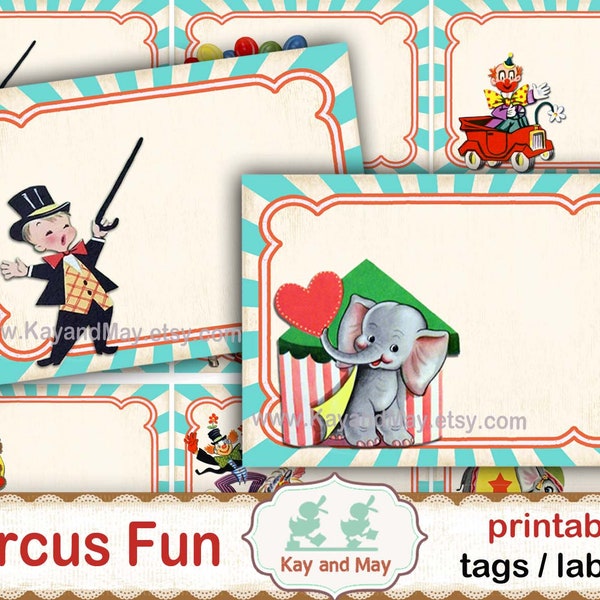 CIRCUS tags, labels, circus birthday party gift cards, printable retro circus cards, clowns, horses, ringmaster, digital download KM-170