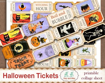 HALLOWEEN tickets, printable collage sheet of ticket strips, vintage retro Halloween journal embellishments, digital instant download KM-82