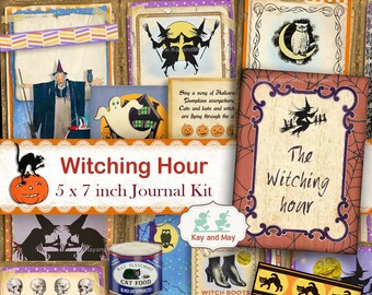 HALLOWEEN junk journal kit, witch journal kit, black cat, pumpkins, digital printable, cards, tags, vintage ephemera, instant download KM-12